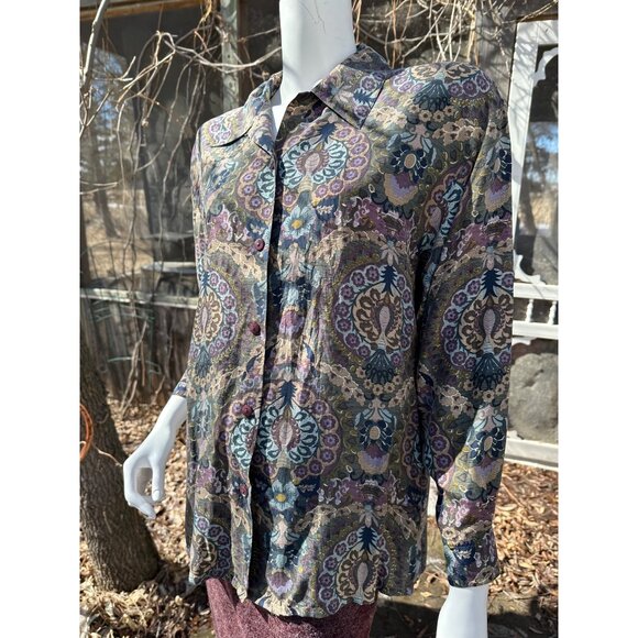 90s Emblem 100% Silk Shirt Button Up Mixed Print Sz M - Picture 4 of 11